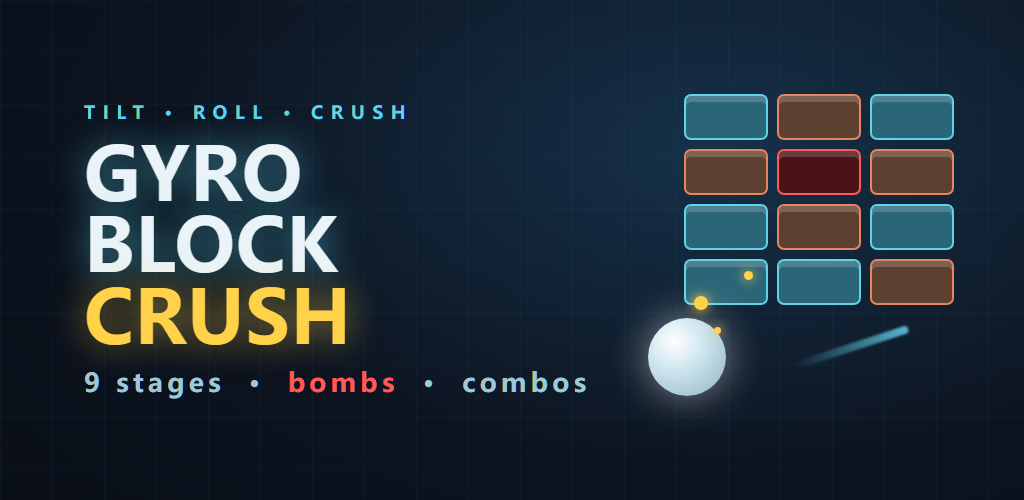 Gyro Block Crush gameplay artwork with a rolling ball and colorful bricks